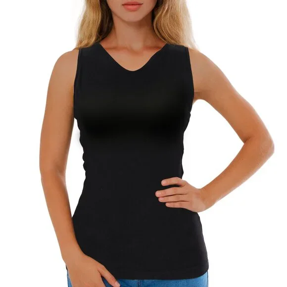 Women's Black Tank Top by Coldlander.com, 100% Cotton with Built-in Bra - Picture 1 of 7